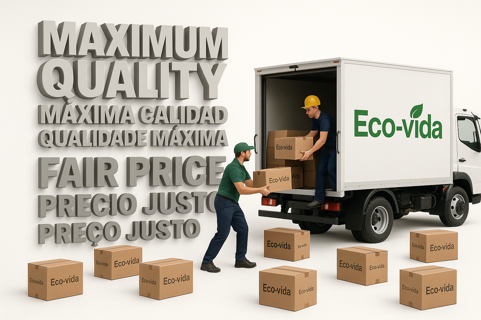 White background
You can see the right profile of a truck with the name: Eco-Vida
There are two people loading the truck with brown boxes with the name: Eco-vida
There are many boxes on the floor with the name: Eco-vida
There is a 3D title in English, Spanish and Portuguese that says: Maximum Quality, Fair Price 